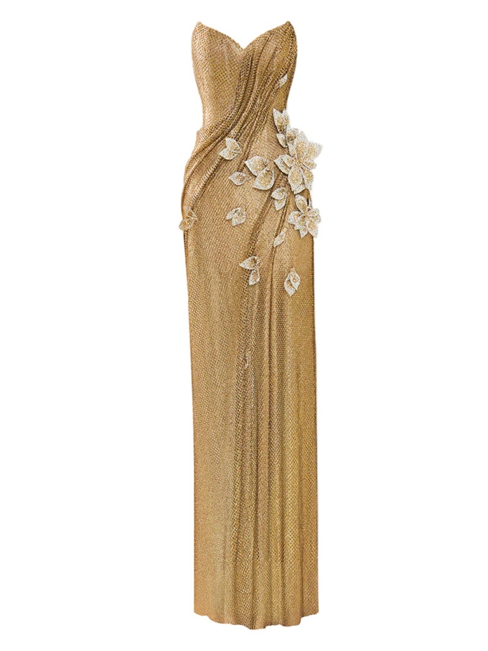 Strapless Gold Evening Gown with Floral Appliqué